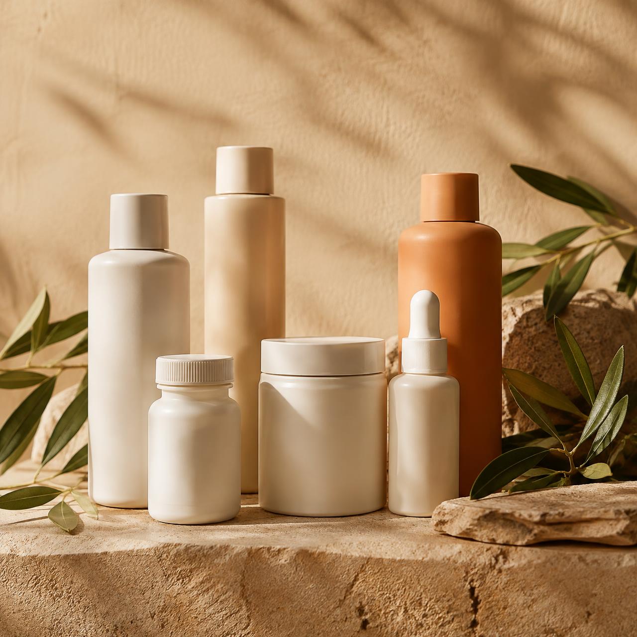 Skincare bottles with botanical ingredients
